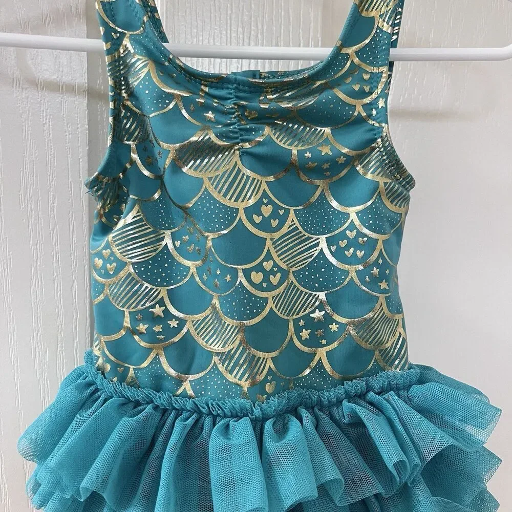 Cat & Jack Teal and Gold Mermaid Tulle Tutu One Piece Swimsuit Girls 12 Months